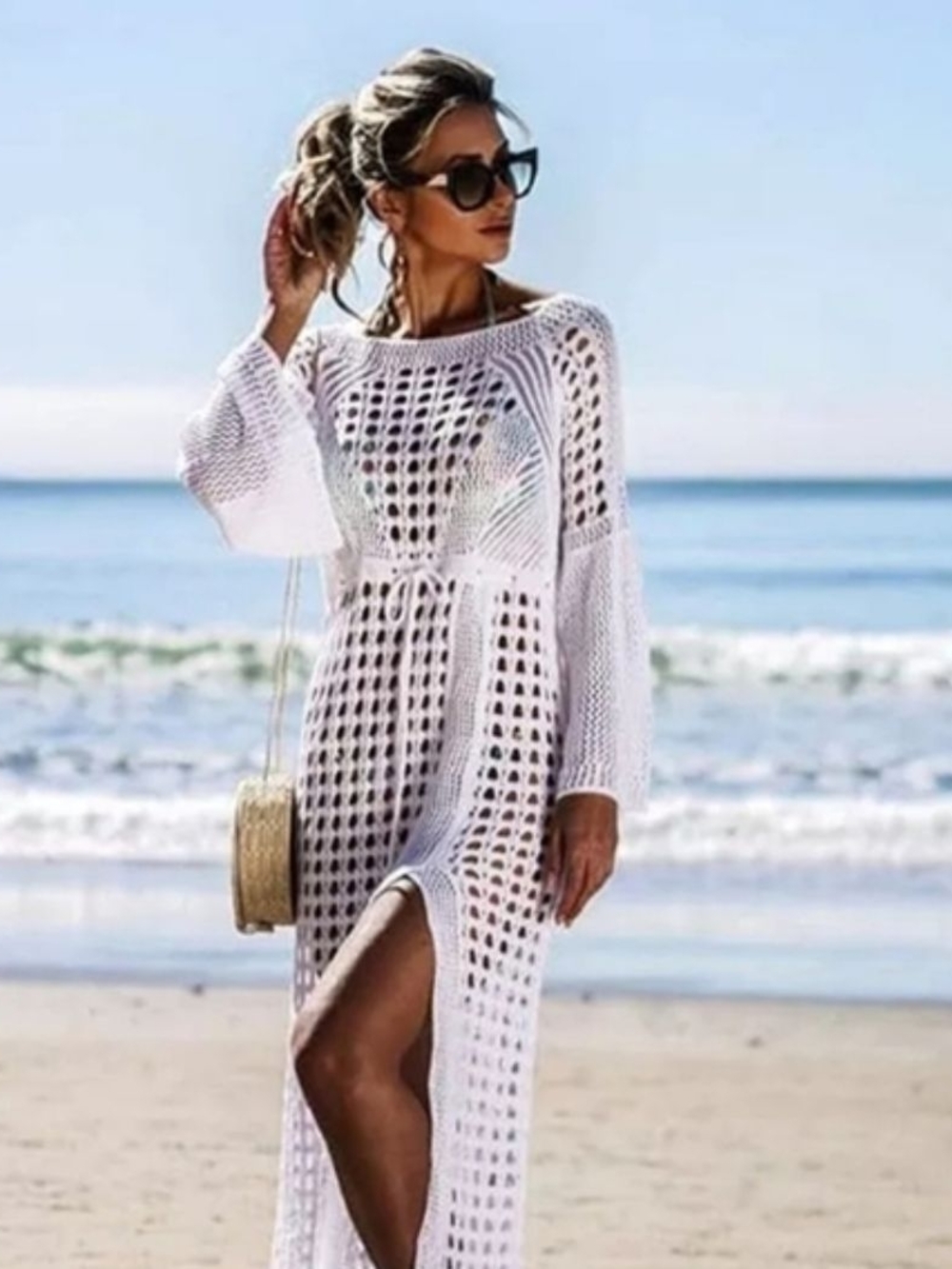 WOMEN'S WHITE CROCHET BEACH COVER UP DRESS
